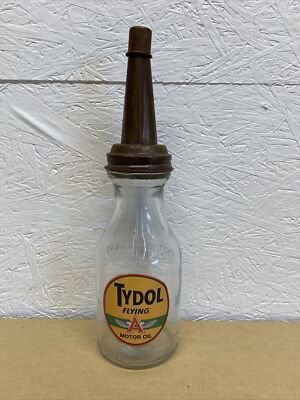 Tydol Flying A Motor Oil Bottle Spout Cap Glass Vintage Style Gas Station