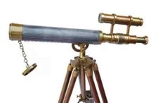 Marine Navy Brass Double Barrel 14" Telescope with Wooden Tripod Stand Nautical