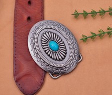 Vintage Silver Southeast Tribal Flower Pattern Turquoise Belt Buckle Huge