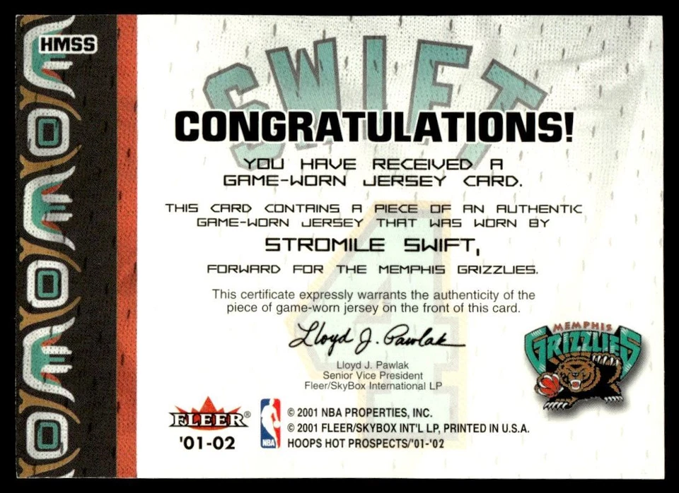 2001-02 NBA HOPPS HOT MATERIALS Stromile Swift Memphis Grizzlies #62 - Image 2 of 2