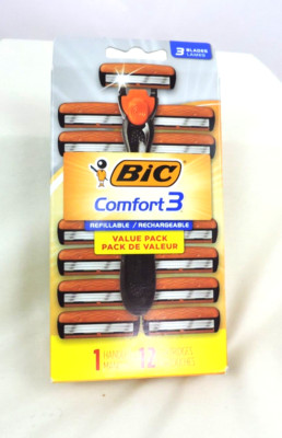 BIC Hybrid 3 Comfort Refillable Razor Kit Men S 3-Blade 1 Handle & 12 Cartridges