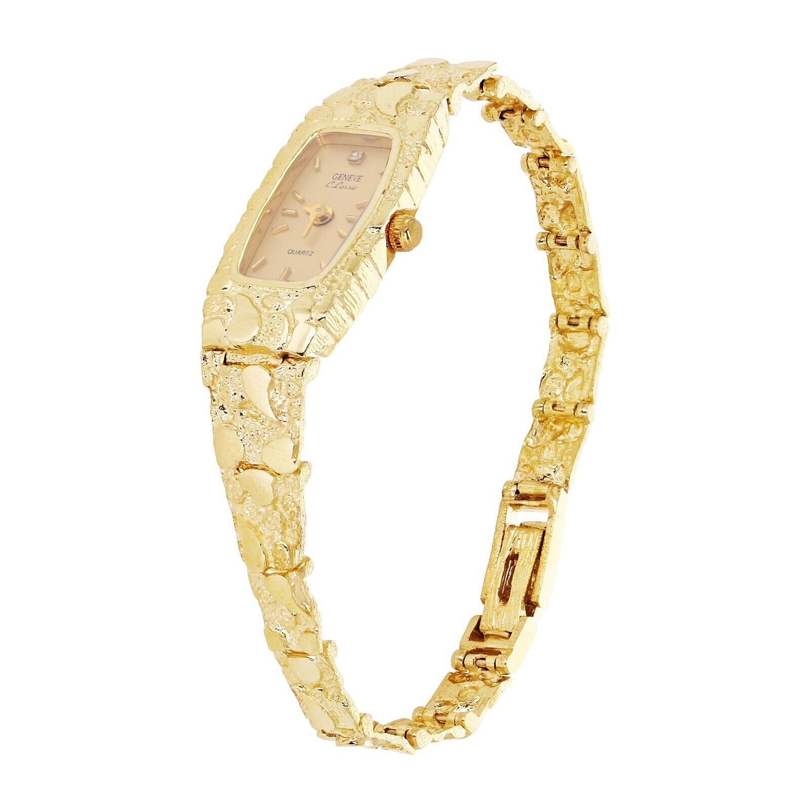 Women's 14k Yellow Gold Nugget Link Wrist Band with Geneve 