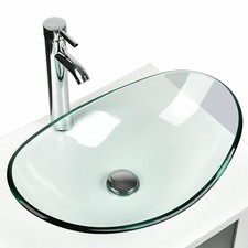 Bathroom Vessel Sink Tempered Glass Oval Basin Bowl w mounting ring