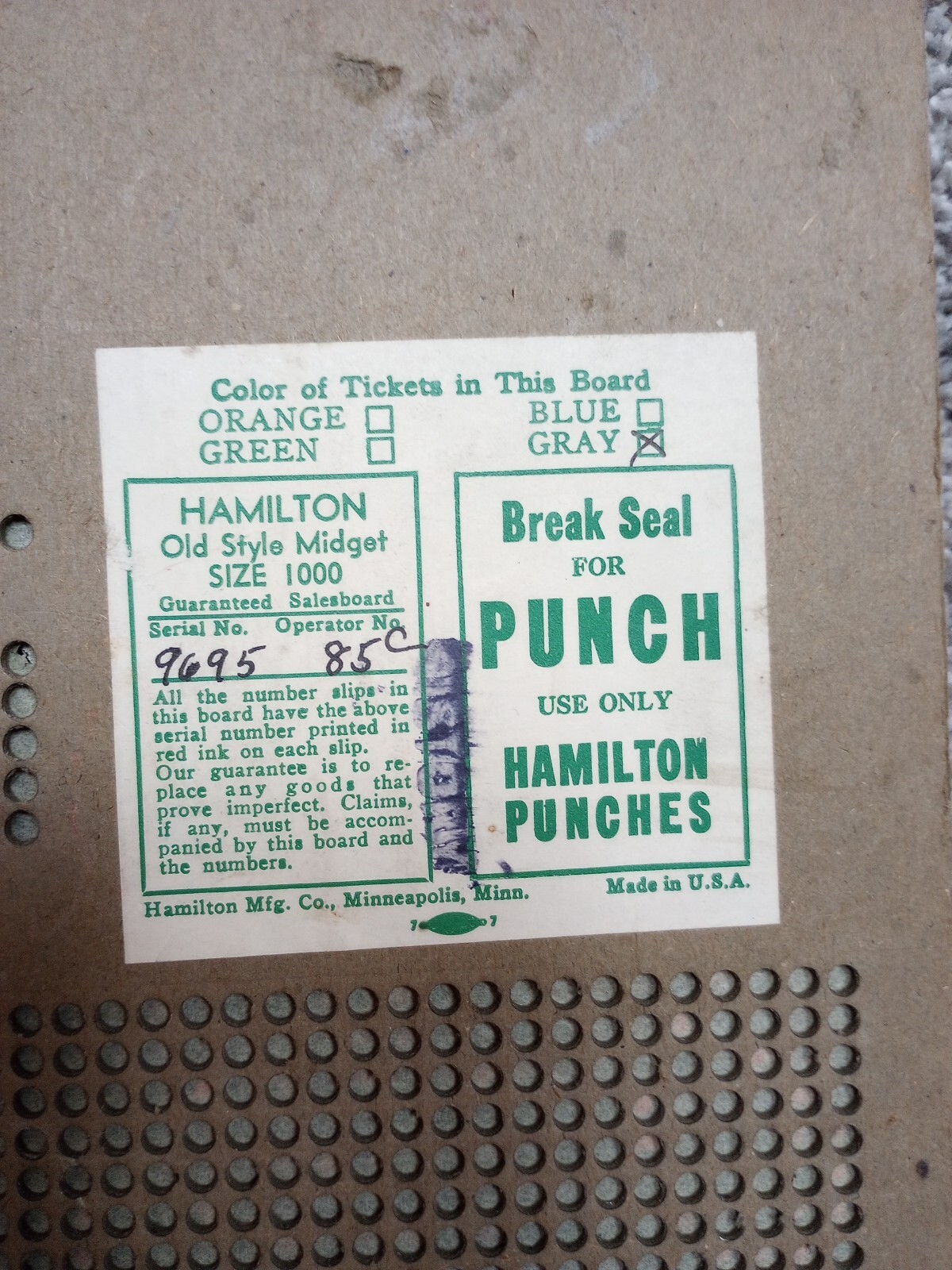 Vintage Hamilton Punch Board Game For Cigarettes 1 punch used eBay