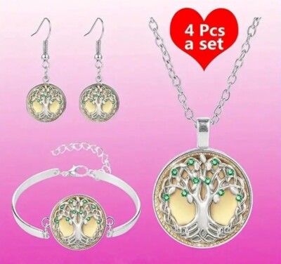 Tree of Life Celtic Round Yellow Silver Bracelet Earrings Necklace Jewelry Set