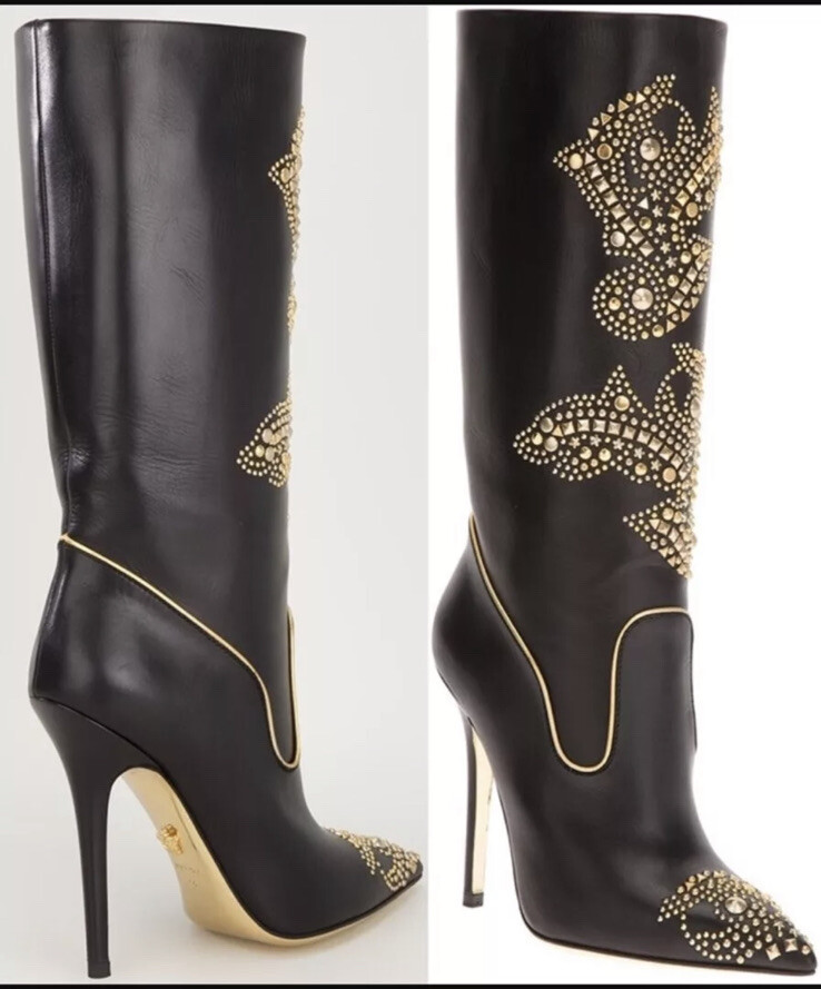 【関税&送料込み】Versace Boots VERSACE WESTERN STYLE GOLD STUDDED STILETTO HEEL BLACK BOOTS
