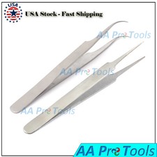 2 Pcs Eyelash Extension Tweezers Straight Curved Stainless Steel Set NEW
