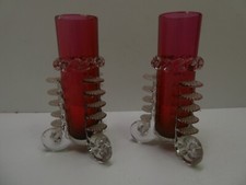 PAIR CRANBERRY RUBY GLASS FOOTED POSY VASES APPLIED CRIMPED GLASS DECORATION