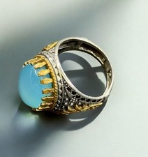 Sterling Silver Handmade Yemen Blue Aqeeq Ring Natural Agate Stone 925