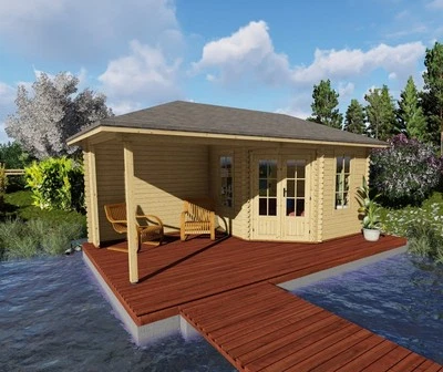 NATURHOLZ GARTENHAUS 5-Eck Gartenhaus Modern Vordach 5.8x3M Blockhaus Holz 40mm Erfurt EB40049F18