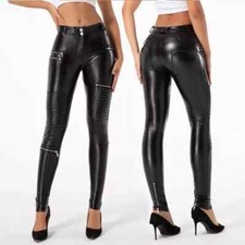 Women's Black Cowhide Leather Zipper Leggings High Wiast Slim Fit Wet Look Pants