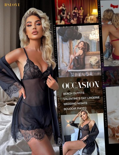 Lingerie Donna Sexy Babydoll in Pizzo Camicia Da Notte Set Di Pigiama Completo I - Foto 4 di 12