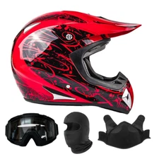 Adult Snocross Combo Red Snowmobile Helmet Breath Box Goggles Balaclava DOT