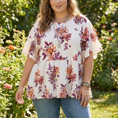 Terra Sky 1X Top Floral Baby Doll Gauze Cottage Romantic Whimsy Boho Chic Airy