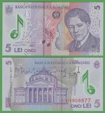 Romania 5 Lei UNC Polymer Banknote 2019 P-118j George Enescu Carnation Flower