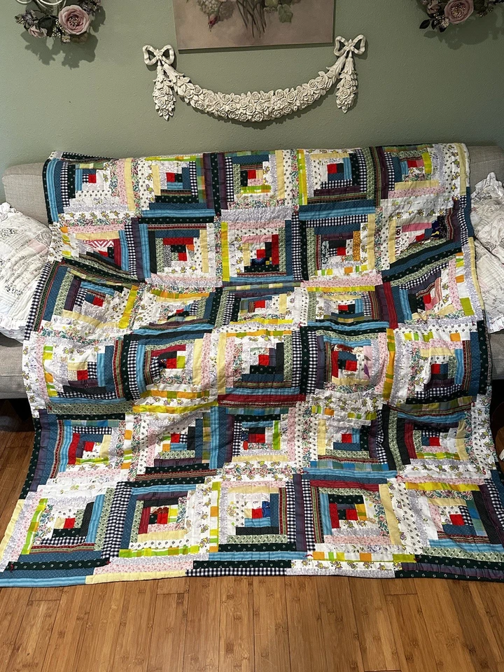Colorful Log Cabin Strip Quilt 66”x80” Scrappy Fun Fabrics 1960’s Tied Must See! - Image 2 of 4