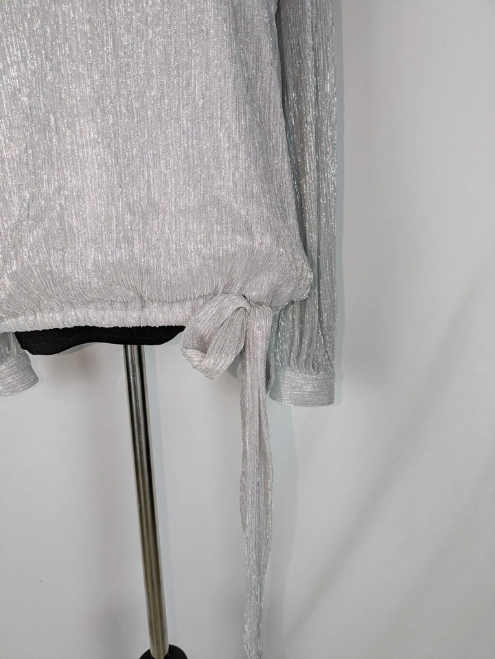 Cece Blouse S Women's Metallic Silver Off the Shoulder Long Sleeve Tie Hem - Image 2 of 4