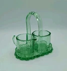 Vintage Green Depression Glass Sugar and Creamer Set with Tray