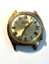 VINTAGE 1970'S BULOVA WATCH - ACCUTRON TUNING FORK - DATE - GOLD PLATE BEZEL