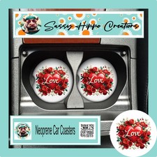 Car Coasters Red Heart Love Flowers Valentine's Day Set of 2 Neoprene Absorbent