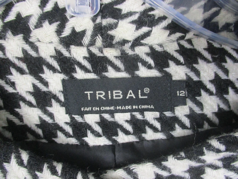 Tribal Blazer Womens 12 Black White Houndstooth Wool Blend 3/4 Sleeve Lined - Image 3 of 4