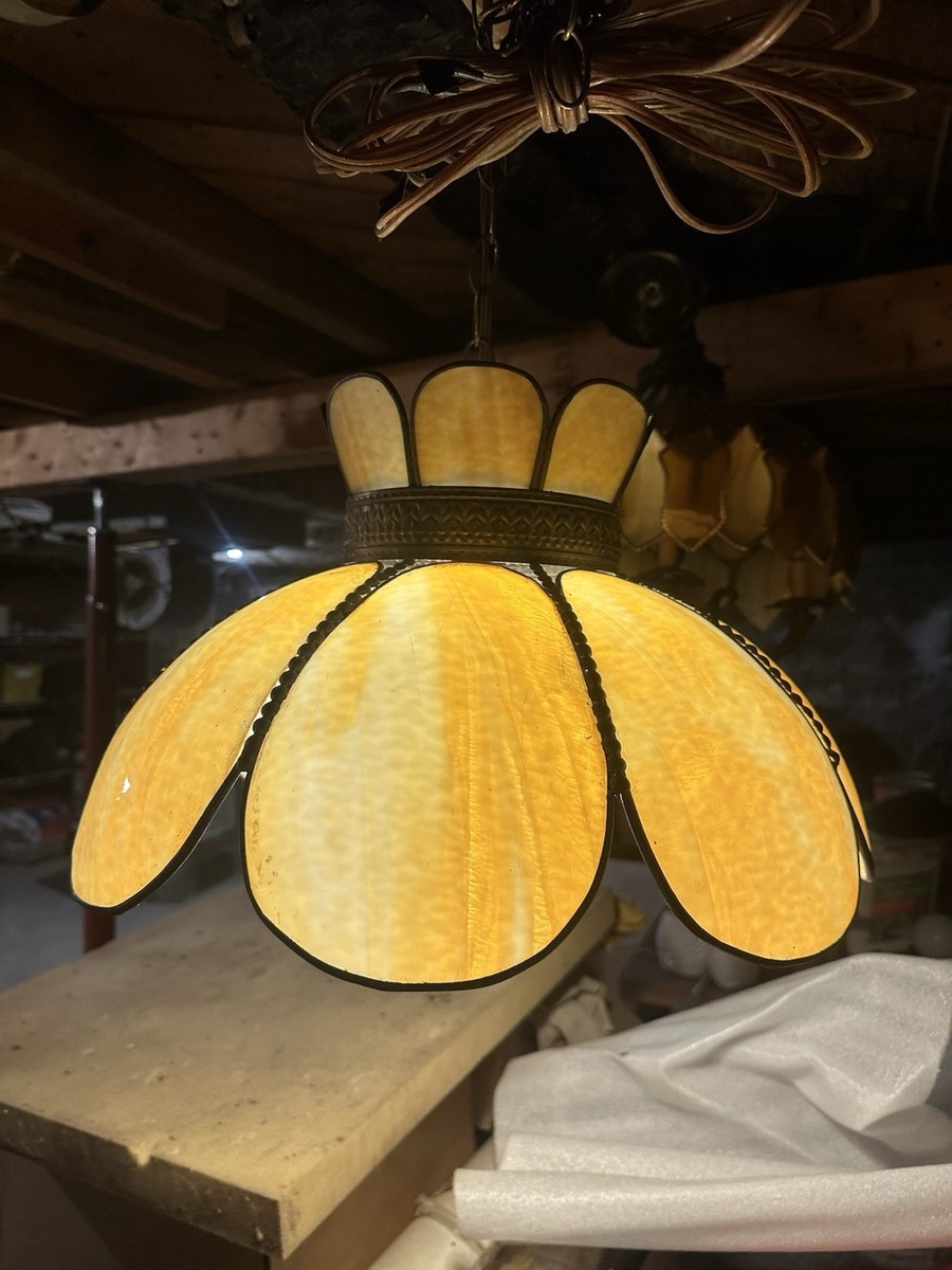 Vintage Slag Glass Hanging Lamp – Caramel Cream Panels – 19.5