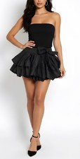 PrettyLittleThing Black Crinkle Satin Mini Skort Belted Bow Tiered Ruffle Size 0