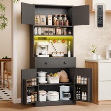 71" Tall Kitchen Pantry Storage Cabinet with Power Outlet  LED Light,