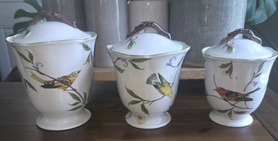 Noble Excellence Bird Garden Canister Set 3 Pc Stoneware Floral Birds Vintage