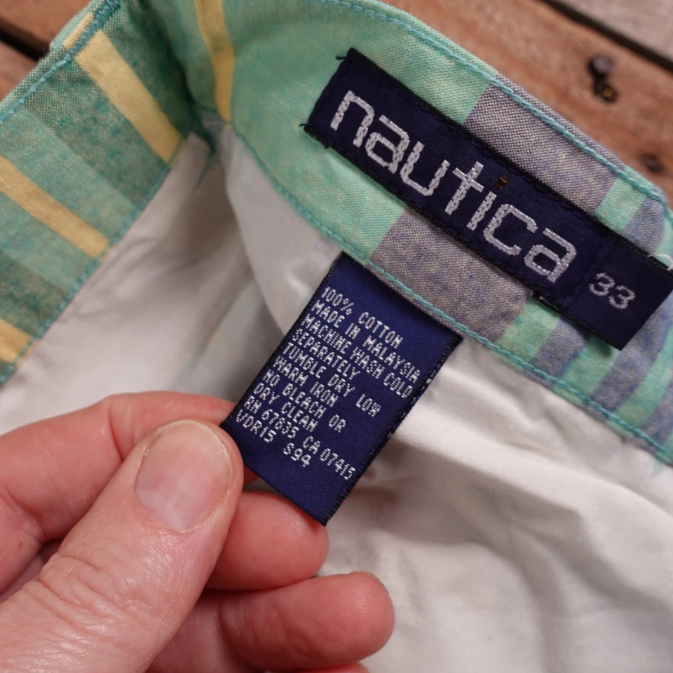 Pantalones cortos Nautica para hombre a cuadros verde amarillo púrpura talla 33 100 % algodón plisado Foto 3 de 4