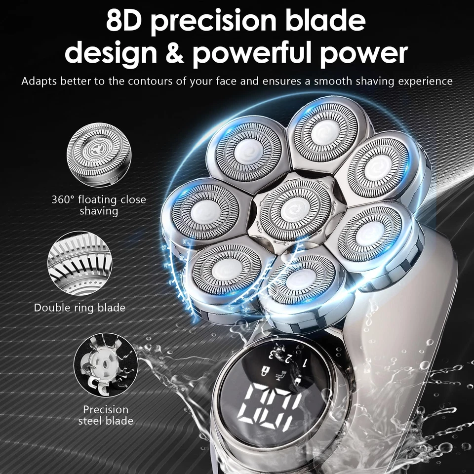 ✅Rasoio Elettrico Testa Calva Uomo 5in1 Tagliacapelli Senza Fili 8 Testine Barba - Immagine 2 di 4