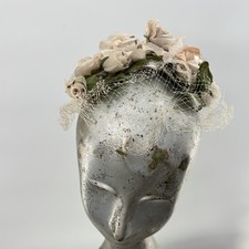 Vintage 1940s Floral Fascinator Hat Blush Velvet Roses Veil Cocktail Headpiece