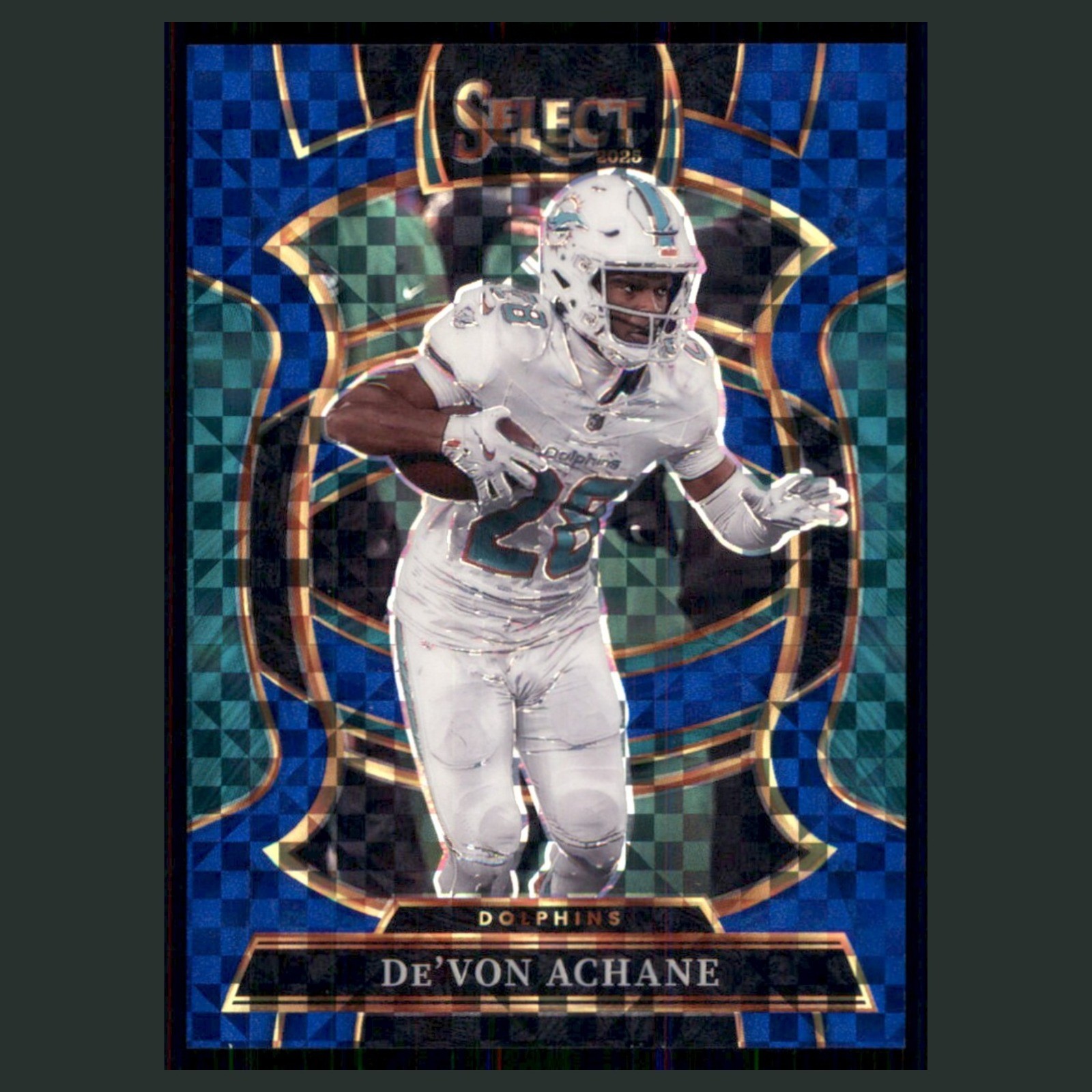 De'Von Achane /249 #81 2025 Panini Select Blue Checker Prizm Miami Dolphins Card