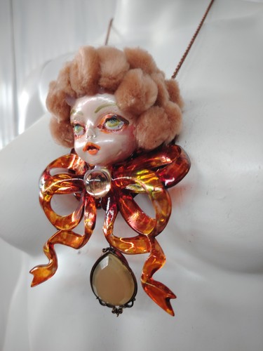 Art Deco Nouveau Luxury Pendant Jewelry Necklace Doll Head Venus Fur Flake Bow - Picture 5 of 24