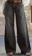 Flamingals Wide-Leg Black Denim Jeans High Rise Button Zip