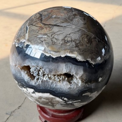 46.8LB Top Natural Volcanic Rock Agate Quartz Sphere Crystal Ball Reiki + STAND