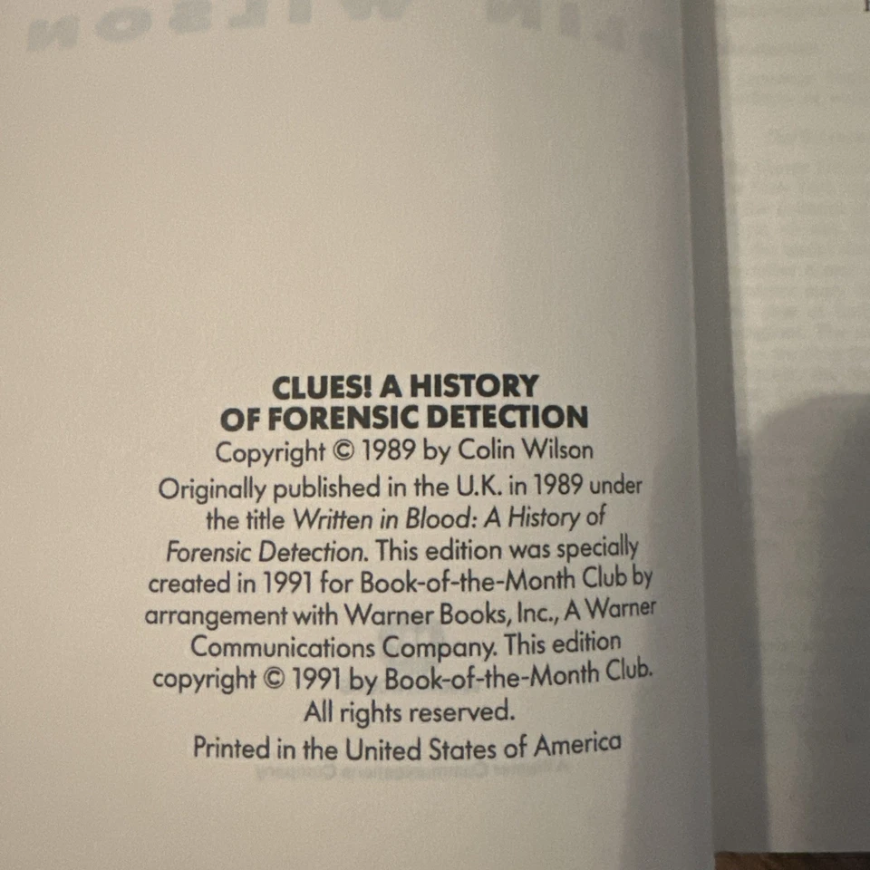 Clues A History Of Forensic Detection By Colin Wilson Hardcover Book Dust Jacket - Image 4 of 4