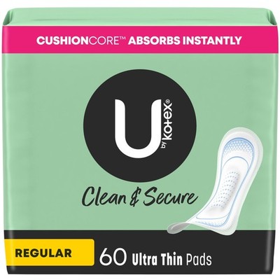 U by Kotex Clean & Secure Ultra Thin Pads, Regular Absorbency, 60 Count (Last 3)