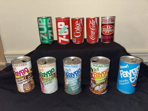 Lot 10 Vtg SODA POP CAN Coca Cola COKE Dr Pepper 7 UP/Diet FAYGO Mixed Rootbeer
