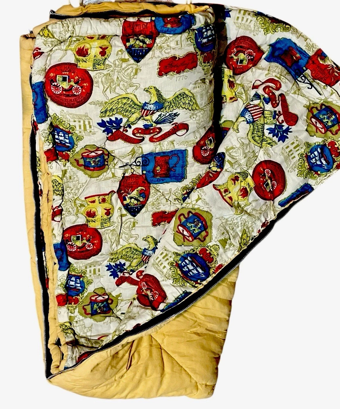 Coleman Sleeping Bag Flannel Lining vtg Americana Graphic Yellow Colonial
