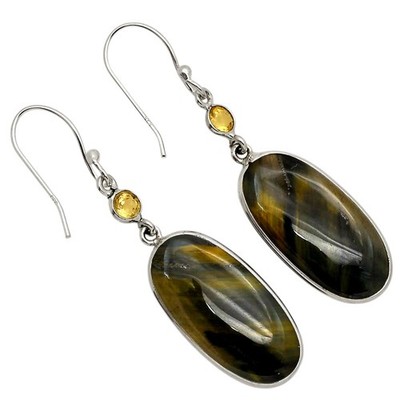 Natural Blue Tiger Eye & Citrine 925 Sterling Silver Earrings Jewelry E-1002