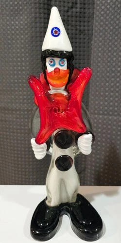 Murano Art Glass Clown Figurine star hat Multicolor Hand Blown 10.5"