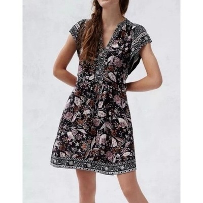 Anthropologie Zenia Floral Flutter Sleeve Boho Mini Dress Black Floral Sz Small