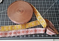 Metallic Gold Burgundy Rose Jacquard woven ribbon trim 1 1/8" w x 5 yds diamonds