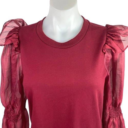 Anthropologie Women's Red Ruffled Long Puff-Sleeve Organza Knit Blouse Top Sz M - Bild 3 von 5