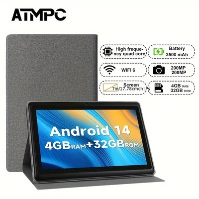 Android 14 Tablet - 4GB RAM, 32GB ROM, Quad-Core-Prozessor, 3500mAh Akku, Wi-Fi