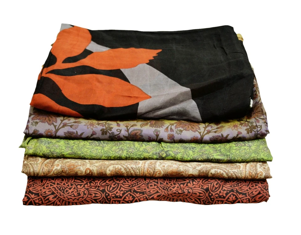 Vintage Lot Of 5 Sarees Recycled Used Felting Quilting Pure Silk Sari defects - Image 4 of 4