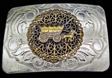 Covered Wagon Horse Filigree Cowboy Western Ornate Scroll Vintage Belt Buckle