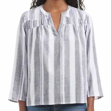 SPLENDID Linen Blend V-Neck Blouse Size M Grey Purple White Strip Top Shirt NWT