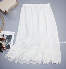 Women White Cotton Lace Trim A-Line Half Slip Underskirt Safety Skirt Petticoat